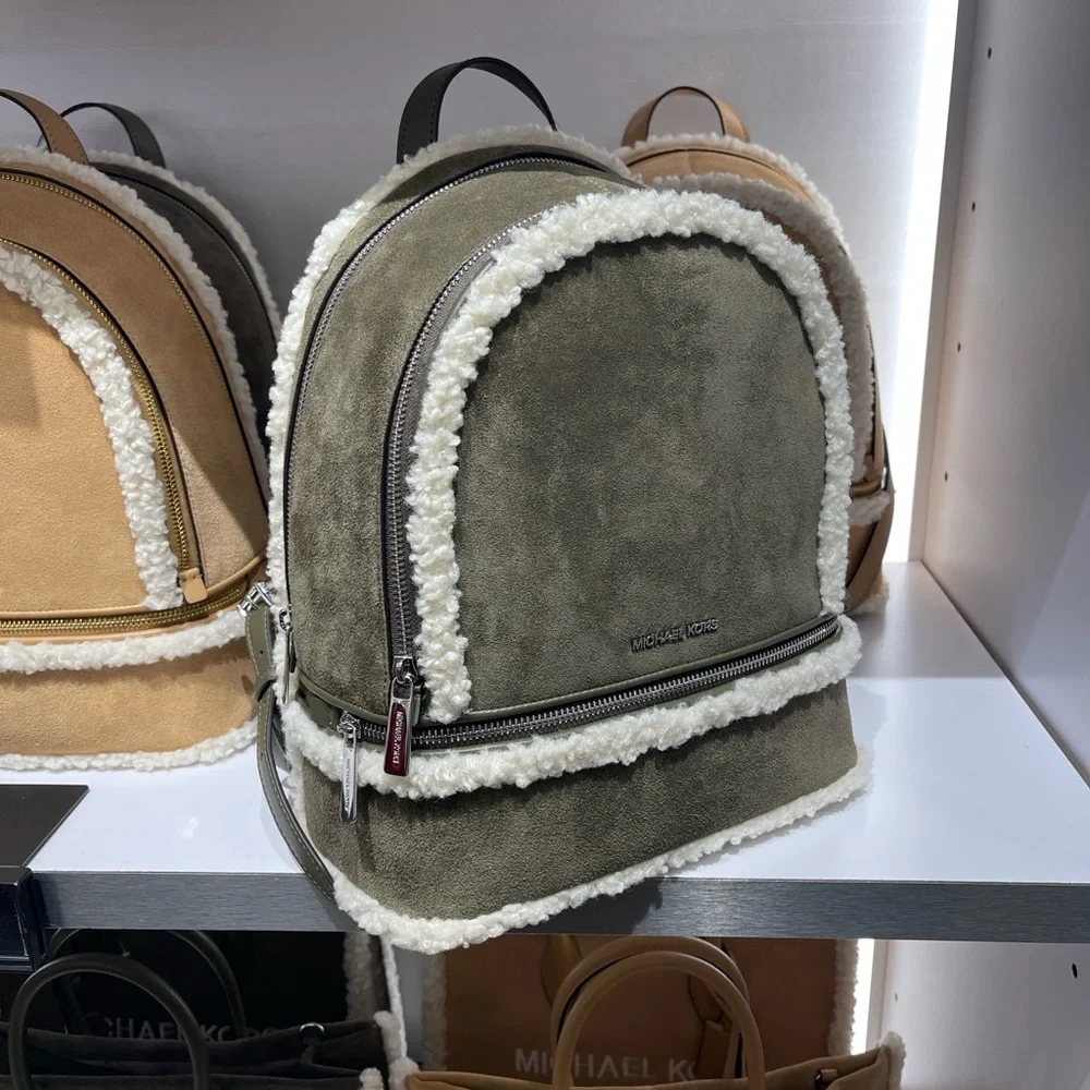 MICHAEL KORS Rhea Medium Suede and Faux Shearling Backpack Olive NWT
